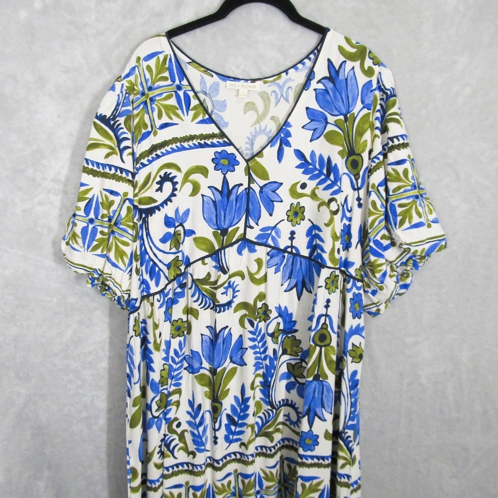 Fig + Flower Womens 2X Blue Green Floral Print V Neck Linen Blend Maxi Dress - Picture 10 of 16